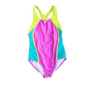 Speedo One Piece Swimsuit Kids Size 16 Pink Teal Lime Green Colorblock Racerback